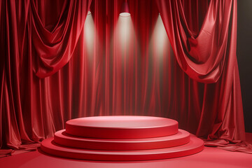3d round stepwise podium red background and fabric curtain in spotlights rays