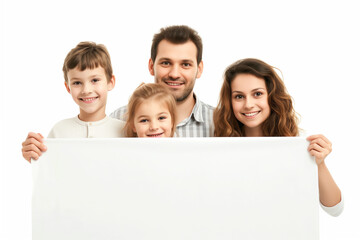 happy family mom dad son and daughter holding an empty white banner, isolated