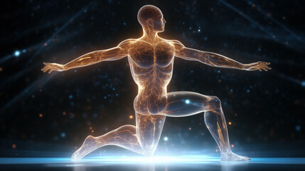 Figure of energized healthy fit man exercising, with glowing golden energy flowing inside the body, on dark background. Illustration of energized healthy fit man, with blue glow around.