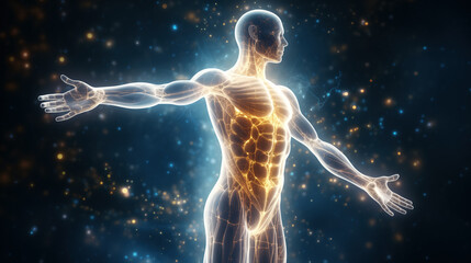 Glowing golden energy flowing inside the human body, on dark sparkling background. Illustration of energized healthy fit man with spread arms, surrounded by blue energy field.