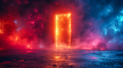 Futuristic portal door in the dark with smoke
