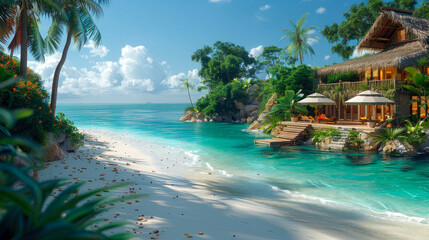 beautiful tropical beach with chaise longue - obrazy, fototapety, plakaty