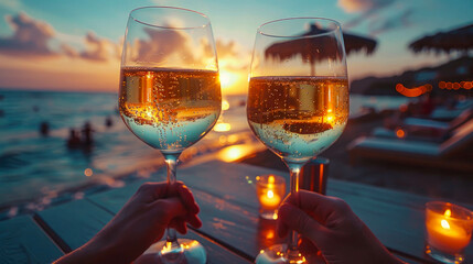 Two glasses of champagne on the beach at sunset, close-up