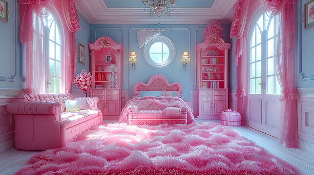A pink princess bedroom with pink bed and pink furniture