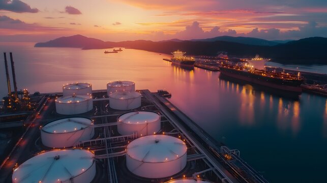 Drohnenaufnahme einer Hafenanlage mit Öltanks und Flüssiggastanks, Tanks voll mit Gas und Öl, Konzept Energieinfrastruktur