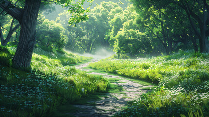 Idyllic rural landscape with dirt road cutting through vast field of tall grass