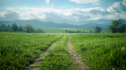 Tranquil countryside scene with dirt road passing through verdant grassland - Powered by Adobe