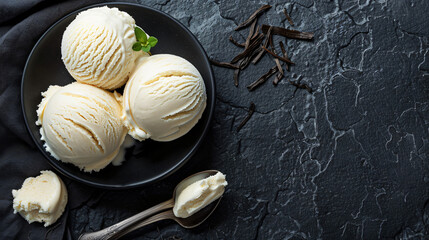 Vanilla ice cream on black stone background
