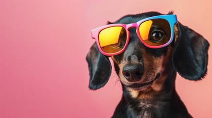 A dog wearing sunglasses and looking at the camera. The sunglasses are blue and yellow. The dog is wearing a black nose and black ears. a dachshund wearing colorful sunglasses in a color background - obrazy, fototapety, plakaty