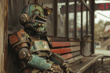 Retro rusty robot in abandoned post-apocalyptic site - obrazy, fototapety, plakaty
