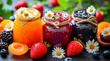 Homemade assortment of berries and fruits jams in jars. Summer harvest in sweet preserves, confitures or jams.