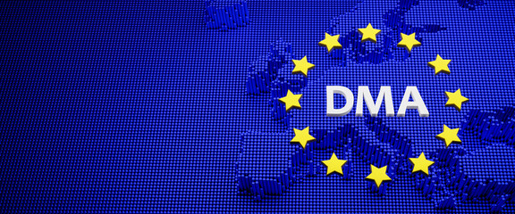 The European Digital Markets Act concept. The letters DMA surrounded by yellow stars on blue background showing Europe. Pins representing the digital nature of the legislation.