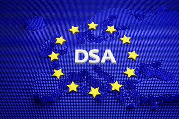 The European Digital Services Act concept. The letters DSA surrounded by yellow stars on blue background showing Europe. Pins representing the digital nature of the legislation. - obrazy, fototapety, plakaty