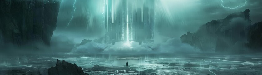 Alien_Civilization_Technology_Portal_SciFi_Landscape,A lone figure stands before a towering alien structure,a portal to another world,amidst a desolate mysterious landscape in sci-fi scene