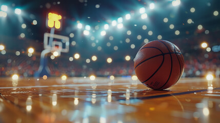 Fototapeta premium A basketball is sitting on a wet court. The ball is surrounded by lights and the basketball hoop