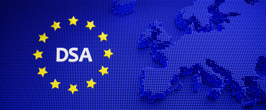 The European Digital Services Act concept. The letters DSA surrounded by yellow stars on blue background showing Europe. Pins representing the digital nature of the legislation.