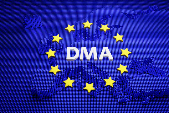 The European Digital Markets Act concept. The letters DMA surrounded by yellow stars on blue background showing Europe. Pins representing the digital nature of the legislation.