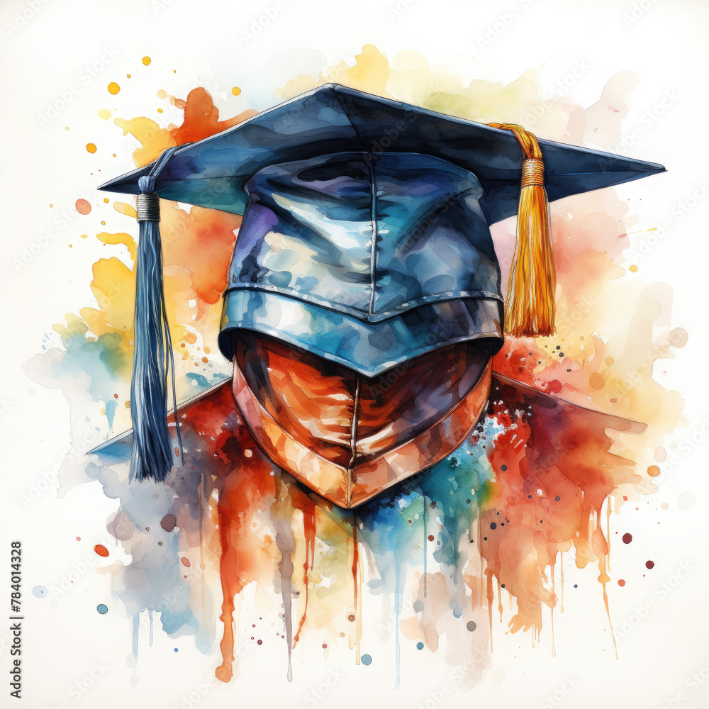 Poster Watercolor Graduation Hat Illustration, Generative Ai