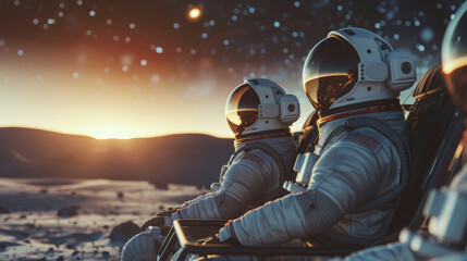 Two astronauts are sitting in a space shuttle, looking out at the stars. The scene is peaceful and serene, with the sun setting in the background. The astronauts are wearing their space suits