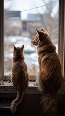 Two cats and a dog are looking out the window. The cat is sitting on the left side of the window, while the dog is on the right side. The scene is peaceful and calm