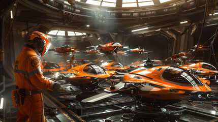 Fototapeta premium A man in an orange suit is standing in front of a row of orange spaceships. The scene is set in a futuristic space station, and the man is in charge of the space station