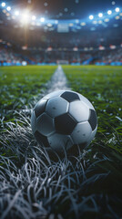 A soccer ball is sitting on the grass in a stadium. The stadium is filled with people, and the atmosphere is lively and energetic