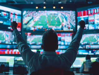 A man is celebrating in front of a TV screen that shows a football game. He is holding his hands up in the air