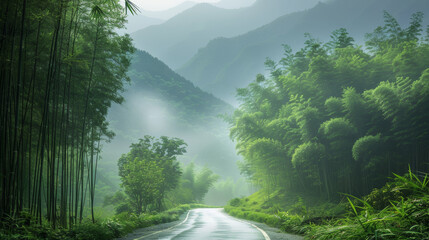 A road with trees on both sides and a mountain in the background. The road is wet and the trees are lush and green