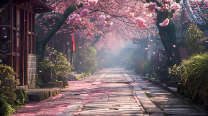 A path lined with cherry blossoms leads to a building. The path is covered in pink petals, creating a serene and peaceful atmosphere