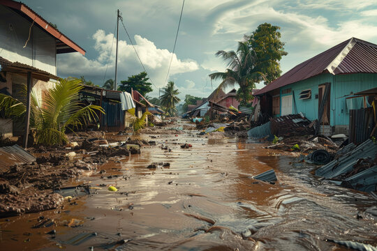 A flooded street with houses in the background. Scene is one of destruction and devastation
