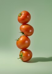 several tomatoes  perfectly ripe fruits stacked on top of each other against a plain studio background