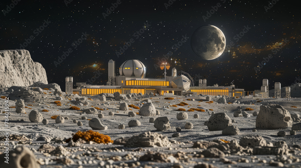 Wall mural a space station is shown in the foreground of a desolate landscape. the station is surrounded by roc