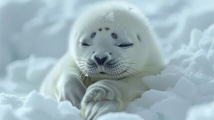 Fototapeta premium A tight shot of a baby seal on a snowy bed, its eyes gazing intently towards the camera