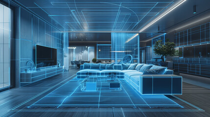 A futuristic living room with a couch and a coffee table