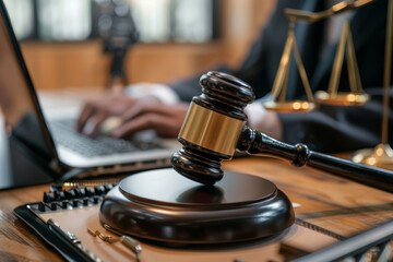 A person is typing on a laptop while a judge is holding a gavel. The gavel is on a wooden surface with a laptop and a few pens nearby