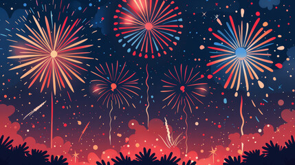 A colorful fireworks display in the sky. The fireworks are in different colors and are scattered throughout the sky. Scene is festive and celebratory