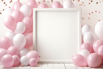 Mockup for invitation. Festive greeting card with empty frame and white pink balloons for birthday or celebration events. Flyer template. Copy space