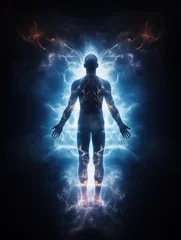 Deurstickers Silhouette of a man surrounded by glowing blue energy, on dark background. Shining energy field around the person’s body. Energy work, biofield, aura, meditation concepts. © Studio Light & Shade