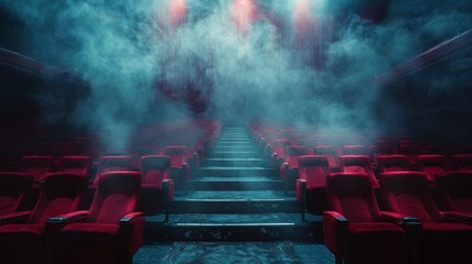 Empty Theater With Red Seats and Smoke - obrazy, fototapety, plakaty