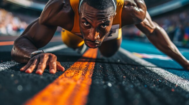 Crop athlete in crouch start position on starting blocks