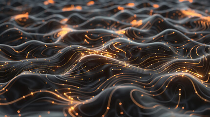 Dark wavy texture with golden lines, lights, and sparkling particles. Vibrating field of energy. Dynamic, flowing, smooth abstract background. Connectivity, fabric of space, universe.