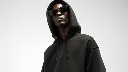Sleek African American Male Model in Black Hoodie and Contemporary Sunglasses