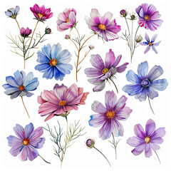 Adorable watercolor pack including Cosmos bouquets, single flowers, and elements on a white background. Great for crafting floral designs and decorative elements