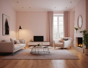 Cozy Living Room Interior with Couch, Coffee Table, and Plant