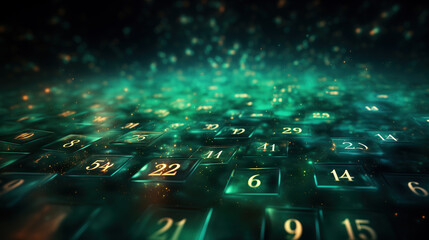 Abstract emerald green background with glowing golden numbers, lights and sparkles. Random digits abstract, gambling, mathematics, calculations concepts.