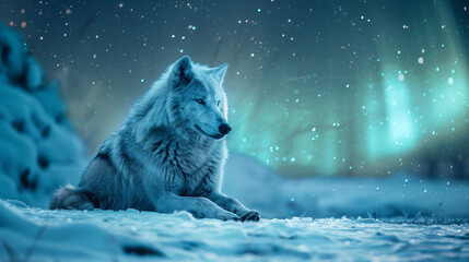 White wolf sitting in the snow - Powered by Adobe