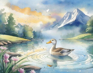Duck in a pond watercolor painting. - 784017789
