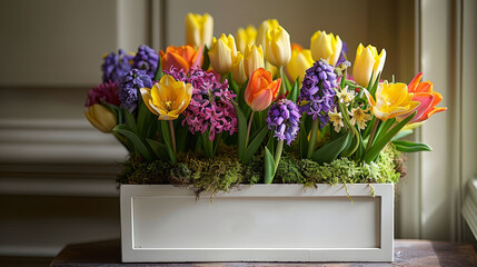   A white box holding a vibrant flower arrangement, labeled Jadone Les Fleurs on its surface