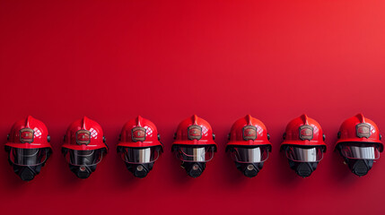Row of Red Firefighter Helmets with Built-in Masks, Emergency Response Gear
