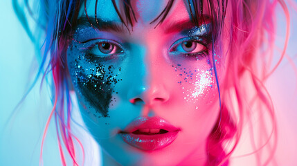 Young Woman with Sparkling Glitter Makeup, Creative Beauty Portrait